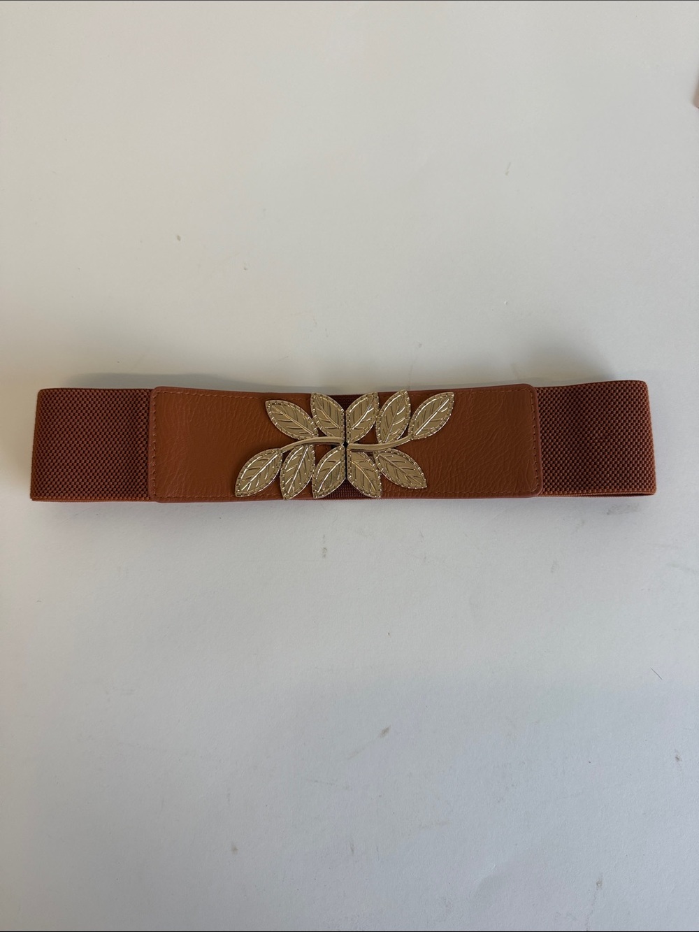 Gold Leaf Accent Tan/Brown Leather Elastic Waist Belt